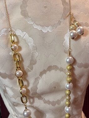 Gold and Ivory Pearl Long Necklace with Textured Beads and Earring Set